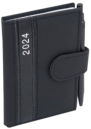 Taschenkalender 2026 A7 mit Kugelschreiber und Halterung in feiner Lederoptik, Terminplaner 2026 mit Stift Timer inkl. Jahreskalender und Wochenübersicht (Schwarz)