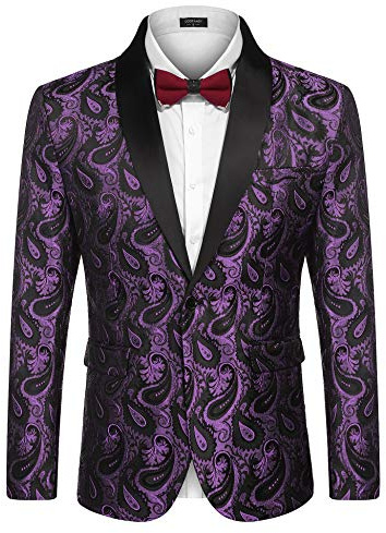 COOFANDY Herr blommig smoking middag jacka normal passform sjal slag paisley bal fest kostym jackor, Lila, XL