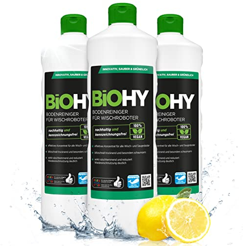 BiOHY Bodenreiniger für Wischroboter (3 x 1 Liter) | Reinigungsmittel Konzentrat für alle Wisch & Saugroboter mit Nass-Funktion | Schaumarm & Streifenfrei | Für alle Böden