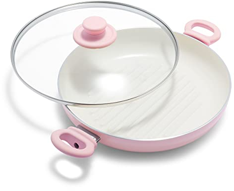 GreenLife Soft Grip Healthy Ceramic Nonstick, 11 Grill Pan with 2 Handles and Lid, PFAS-Free, Dishwasher Safe, Soft Pink