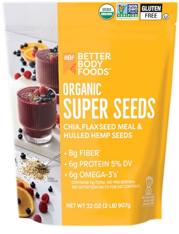 BetterBody Foods Superfood Organic Super Seeds - Chia Flax & Hemp Seeds, Blend of Organic Milled Flax Seed Organic Hemp Hearts, Add to Smoothies Shakes & More, 2lb, 32 oz