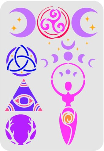 FINGERINSPIRE Wicca/Hexe Symbol Schablonen 29,7x21cm: Wikinger Keltische Knoten, Spiralgöttin, Gehörnter Gott, Mond und Stern
