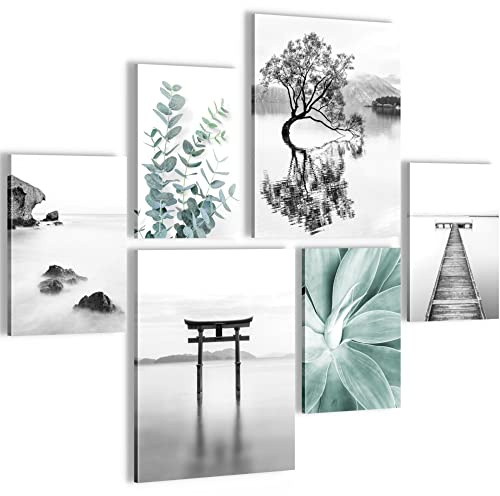 Novart Wandbilder Set Asien Zen See - KEIN EXTRA RAHMEN BENÖTIGT - Modern Deko - Wohnzimmer Schlafzimmer N004463a