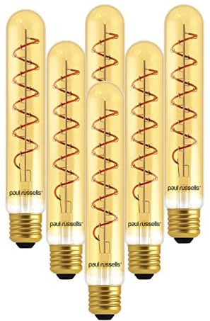 paul russells Flexible Spiral Filament T32 LED Edison Screw E27 Vintage Lights - Pack of 6 – 25W Equivalent, 4W 1800K ES Long Tube Decorative Retro Bulbs Non-Dimmable - Extra Warm White, Flicker Free