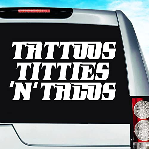 Tattoos Titties 'N' Tacos Decal Sticker Vinyl Bumper Cling for Car Truck Window Boat Laptop Wall Cooler Tumbler | Die-Cut/No Background | Multiple Sizes and Colors (14” Inch, Orange)