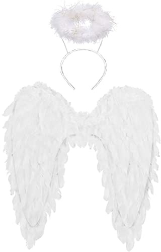 Winwild Engelsflügel mit Heiligenschein,Engel und Teufel Flügel Kostüm für Damen und Mädchen Kinder für Halloween Karneval Cosplay Party Fasching Kostümparty Verkleidung(Weiß,45 x 45 cm)