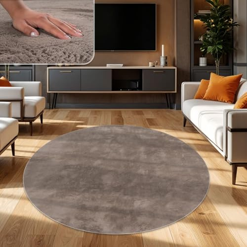 TT Home Wohnzimmer Teppich Hochflor Langflor Kunstfell Weich Modern Unifarben Flauschig, Farbe:Beige Taupe, Größe:120 cm Rund