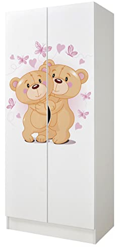 Leomark Blanc Armoire à Deux Portes - Roma - Les Oursons d'amour avec Portes fonctionnelles, penderie pour vêtements, Style scandinave, Meubles pour Enfants 161,5 (H) cm