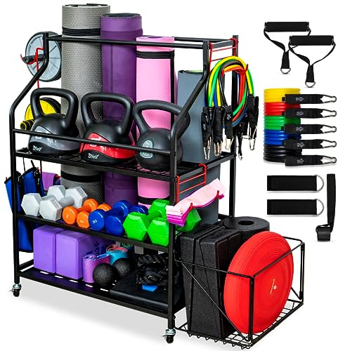VORVIL Support Pour Poids Et Tapis De Yoga Pour Salle De Sport A Domicile, Organisateur Polyvalent De Fitness Et D'accessoires Avec Crochets, Etagères, Roulettes Et Jeu De Bandes 68 Kg Résistance