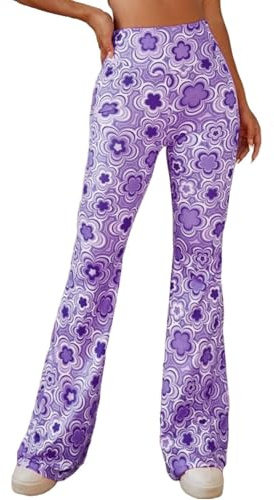 70-tals Utsvängda byxor för kvinnor– EDC, rave, festival, outfit, hög midja, boho, söta häftiga discobyxor, Lila, XL