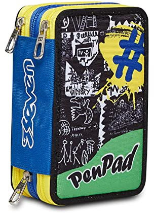 Seven Federmäppchen, Mäppchen, mehrfarbig, Federtasche für Schreibwaren, Etui mit Stiften, Kugelschreiber, & mehr, 3 Fächer, Mädchen & Jungen, Schule - Grundschule, XXL, gelb/blau