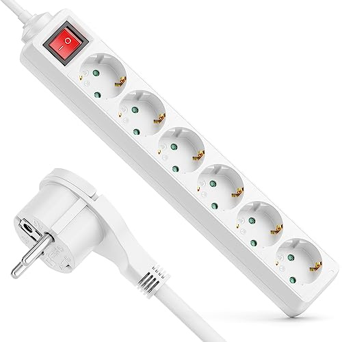 deleyCON 6-Fach Steckdosenleiste Flachstecker Schalter 1,4m - Weiß | Mehrfachsteckdose Stromleiste für Innenbereich, EIN/AUS Schalter, Flachkontakt-Stecker, robustes Kunststoffgehäuse