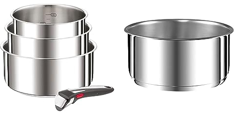Tefal Ingenio Preference On L898S3 Lot de 4 casseroles avec poignée amovible & Ingenio Preference Casserole 22 cm, Empilable, Acier inoxydable, Induction, Polyvalence, Gain de place