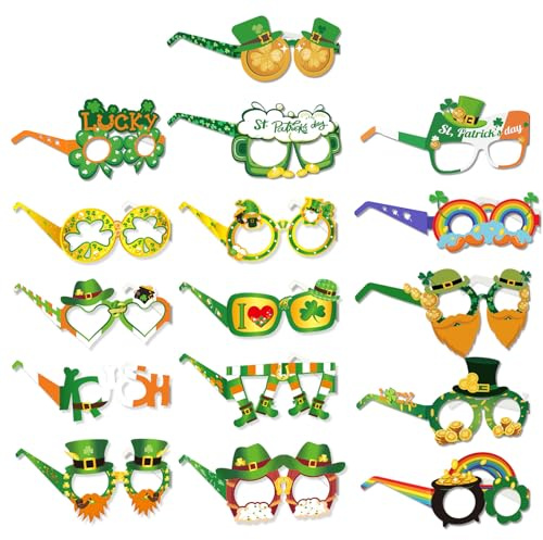 XINDY 16 Stück St. Patricks Day Party Brillen - Lustige Grüne Irischer Kleeblatt Papier Brille - Foto Requisiten für Kinder & Erwachsene - St. Patricks Day Deko & Kostüm Accessories