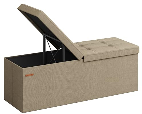 SONGMICS Storage Ottoman, Foldable Storage Bench, 38 x 110 x 38 cm, Flipping Lid, 300 kg Load Capacity, for Hallway, Living Room, Bedroom, Camel Brown LSF076K51