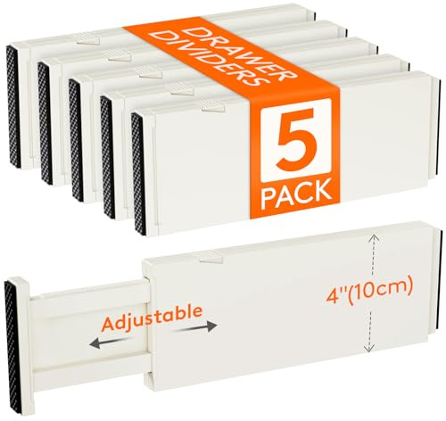 Lifewit 5 Pack 4 High Drawer Dividers 28-43.5cm/11-17 Adjustable Drawer Organizer for Clothes/Utensils, Expandable Drawer Separator in Dresser/Kitchen/Bedroom/Office Organization & Storage Beige