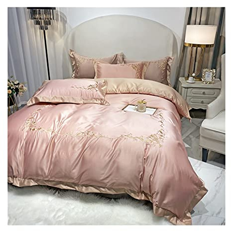 Juego De Ropa De Cama De 4 Piezas Seda De Hielo De Verano Bordado Juego De Funda Edredón Sábanas Conjunto 1 Funda Edredón +2 Funda Almohada +1 Sábana Bajera (Color : Pink B, Size : 180x200cm-200x230