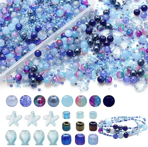 Glass Beads for Bracelet Making Colorful Glass Crystal Bead for Jewellery Making Kit DIY Bracelet Set Spacer Beads 8MM Brown Assorted Round Ocean Starfish Crystal Seed Beads (Blue)