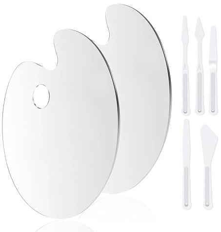 Rybtd 2 st akrylfärgpalett med 5 st plastmålningskniv non-stick ellips konstnärspalett med tumhål för gör-det-själv konst hantverksmålning (Oval)