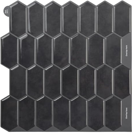 Alwayspon Lot de 10 feuilles de stickers muraux en vinyle 3D imperméables à décoller et à coller avec crédence pour mur de cuisine, salle de bain, 30,5 x 30,5 cm, noir