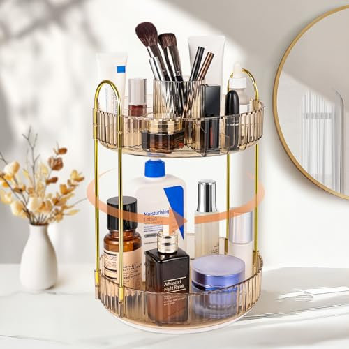 Make Up Organizer, Kosmetik Makeup Organizers Kosmetik 360° Drehbar, Skincare Schminktisch Organizer Aufbewahrung 2 Ebenen für chminktisch, Schlafzimmer, Küche, Bathroom, Champagnergold