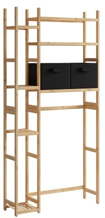 Vicco Waschmaschinenschrank Bambus Bilbao 79x163x24 cm - Badezimmerschrank für die Waschmaschine, Offene Ablagen für Waschmittel, Handtücher & Zubehör