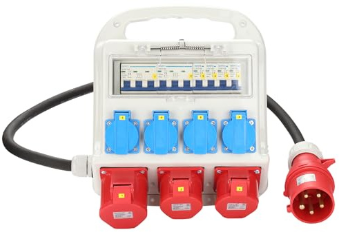Peviasot Répartiteur de courant de construction, 2 x CEE 16 A 400 V + 1 x CEE 32 A 400 V + 4 x 230 V 5 broches, répartiteur mural avec interrupteur FI LS, distributeur de courant IP44 avec couvercles