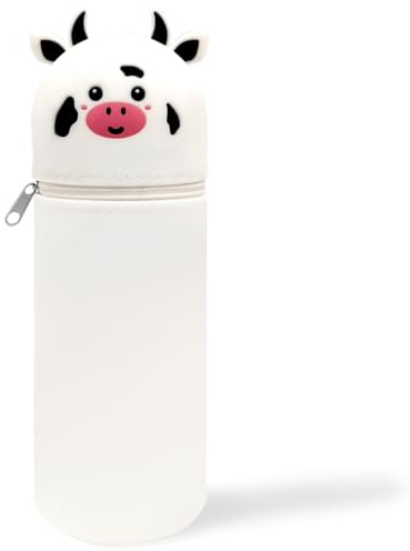 DGTSYAL 2 in 1 Weiche Silikontasche Kawaii Federmäppchen, Tischstifthalter, Reißverschluss, Silikon, Stiftetasche Buntstifte Marker, Büro, Uni, niedlicher Schulbedarf, Mädchen (Weiße Kuh)