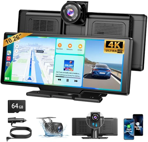 ESSGOO CarPlay Voiture, Supporte CarPlay sans Fil et Android Auto, Écran Tactile IPS 10,26 Pouces, Caméra Avant 4K et Caméra de Recul 1080P, Bluetooth 5.3, GPS, FM, AUX, Mirror Link, Carte TF 64G