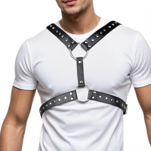 RTeczSolve Cinturón de arnés de pecho para hombre, cinturón ajustable de piel sintética para hombre, arnés de hombro punk para el pecho, espectáculo muscular, disfraces de moda, ropa de club para