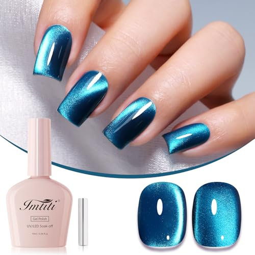 Imtiti Cyan Cat Eye Gel Nagellack, Moonlight Aurora Cyan Holographic Cat Eyes Glitter Magnetic UV Soak Off Gel Polish with Magnetic Stick (0.34 Fl Oz-949)