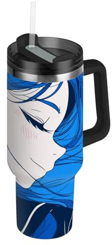 Linqin Aesthetic Girl - Vaso aislado al vacío con pajita resistente a las fugas, 1200 ml, bonita botella de agua reutilizable, taza de café de viaje para mujeres, hombres y mujeres, azul oscuro