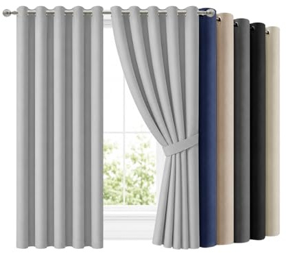 Hafaa Blackout Curtains for Bedroom Light Grey 66x72 Inch Ring Top Black Out Curtains for Living Room Thermal Insulated Energy Savig Curtain and Drapes 2 Panels with Tiebacks