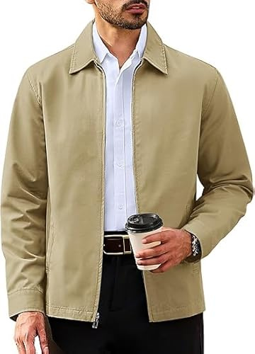 TACVASEN Übergangsjacke Herren Baumwolle Polyester Leichte Sommerjacke Freizeit mit Umlegekragen Windbreaker khaki, 2XL