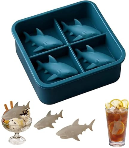 Shark Silicone Ice Mold, 3D Novelty Shark Shape Ice Mould for Whiskey, Easy-Release, for Parties, Home Bars, Kitchen 4 Cavity Funny Shark Mold(1 PCS)