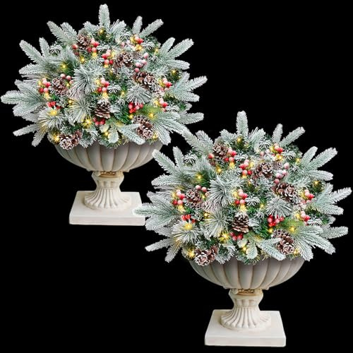 2 Set 26 Inch Pre-lit Christmas Urn Filler with 50 Lights, Battery Operated, Artificial Christmas Pot Fillers Holiday Xmas Planter Filler Small Frosted Tree for Front Porch Yard Outdoor Decorations