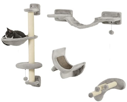 PawHut Kletterwand für Katzen, Wandregal für Katzen, mit Hängematte, Brücke, Kratzbrett und Ball, stabil für drinnen bis zu 5 kg, Grau