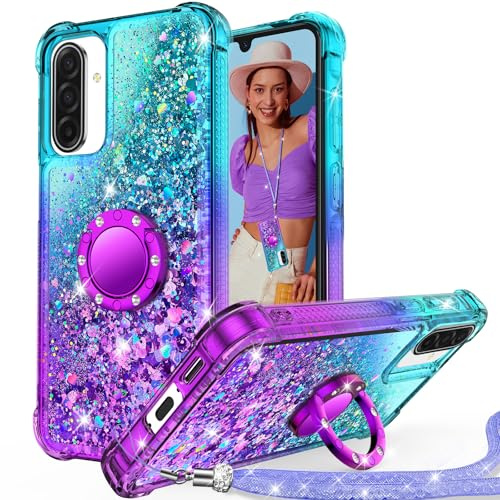 Unlicaku Glitter Case for Samsung Galaxy A17 5G, Stand & Lanyard, Purple | Liquid Bling Sparkle Diamond Protective Phone Cover for Women Girls