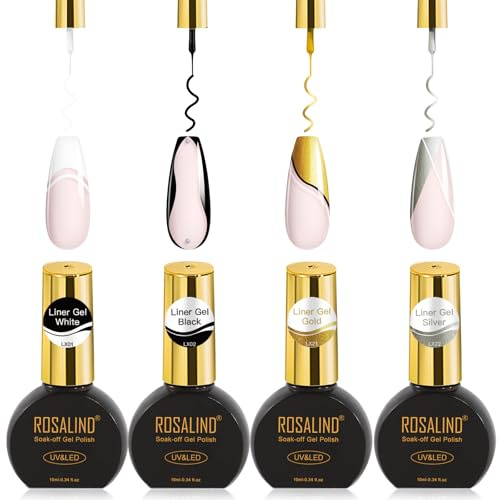 ROSALIND Gel Liner Varnish UV, 4 färger 10 ml svart vit guld silver lack gel liner set, soak-off UV LED 3D-effekt målning nagelgel gör-det-själv salong nageldesign