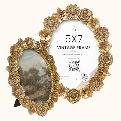97 Decor Gold Vintage Picture Frames 5x7 - Gold Oval Frame 5x7 For Tabletop And Wall Hanging, Decorative Ornate 5 By 7 Frame, Flower Antique Wall Decor