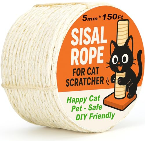 Natural Sisal Rope for Cat Scratcher Tree Thick 5-mm 1/5 Inch by 150 Feet, Cat Tower Climbing Twine for Cat Scratching Post Replacement, Scratch Post Repairing, Replace, Recovering and DIY, White