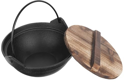 EXQUIMEUBLE Cast Iron Small Hot Pot with Wooden Lid Multifunctional Stockpot for Induction Cooker Portable Japanese-Style Nabe for Shabu Shabu Sukiyaki Stews Non-Stick and High Temperature