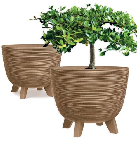 FEINZ Blumentopf auf Beinen 40 cm Eco Wood | Einsatz, Holzoptik, Drainageeinsatz, Innen, Außen, wetterfest, stabil, dekorativ, Boho-Design