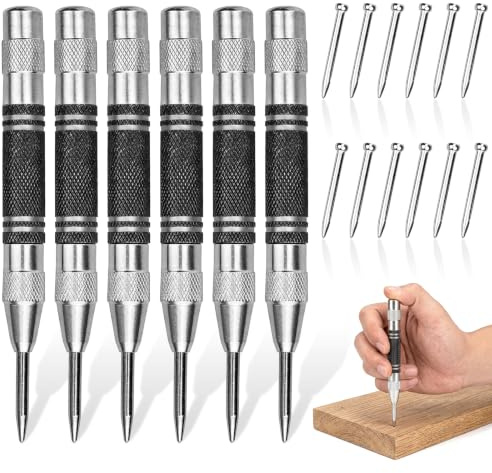 CAIYUANGUANGJIN 6Pcs Automatic Centre Punch with 12 Replacement Tips, Spring-Loaded One-Handed Hole Marker, Adjustable Tension Hole Make Tool for Metal Wood Glass DIY & Machinist Use
