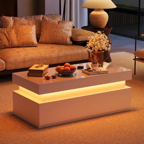 YOUDENOVA Couchtisch Weiß mit Stauraum, Wohnzimmertisch Hochglanz mit 7 Farbiger LED Beleuchtung, Ausziehbarer beistelltisch mit 2 Schubladen, Kaffeetisch für Wohnzimmer