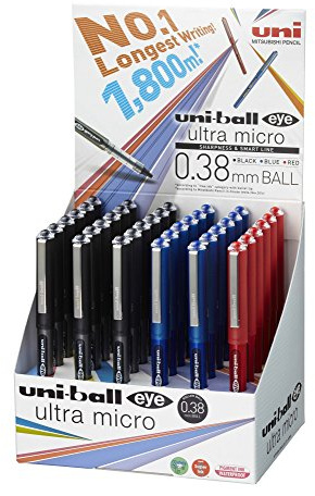 Uniball Micro UB Expositor 36 Rollerball Eye Ultra Lápiz, 150 38 3D, Rojo/Negro/Azul, Caja de 36