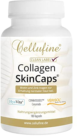 Cellufine® SkinCaps Collagen Kapseln PLUS – 180 glutenfreie Kapseln mit VERISOL Collagen Peptiden, HyaVita Hyaluronsäure und Ceramiden mit Vitamin C, Biotin (Vitamin B7), Folsäure sowie Mangan, Zink