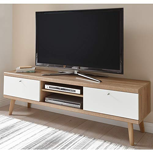 Lomadox TV-Lowboard Fernsehtisch im Retro Design weiß matt mit Eiche Riviera Nb.