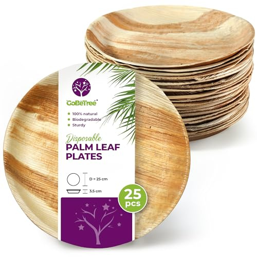 GoBeTree Platos Desechables de Hoja de Palma 25 Platos Redondos de 25 cm. Vajilla para barbacoas, picnic y Fiesta de cumpleaños, Similar al bambú, más fuerte que platos de papel