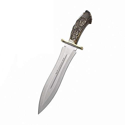 Muela Cuchillo de caza de lujo PODENQUERO-GJ con hoja de acero inoxidable ACX-380 de 24 cm y empuñadura de asta de ciervo tallada para Caza, Pesca, Supervivencia y Bushcraft + Portabotellas de regalo